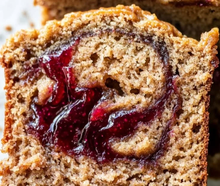 Delicious Peanut Butter and Jelly Banana Bread slice on a wooden table