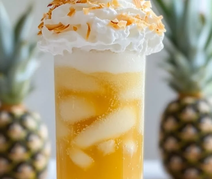 A refreshing glass of Pineapple Italian Soda with bubbles and a pineapple slice.
