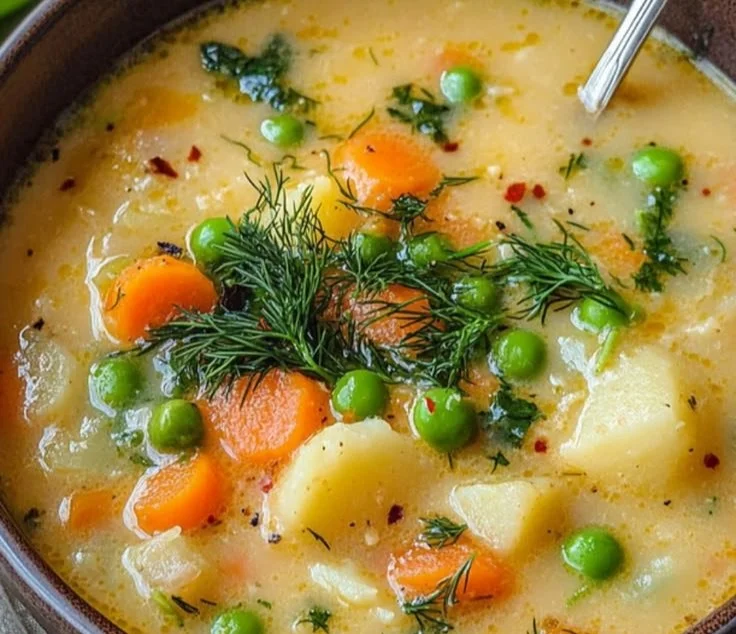 A bowl of traditional Polish Dill Soup garnished with fresh dill and served with bread.
