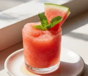 Refreshing frozen watermelon slushie in a glass with mint garnish