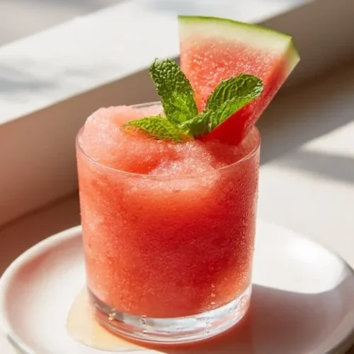 Refreshing frozen watermelon slushie in a glass with mint garnish
