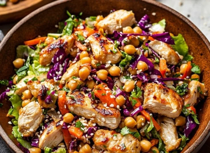 Sesame chicken and chickpea salad, a healthy and fresh dish.