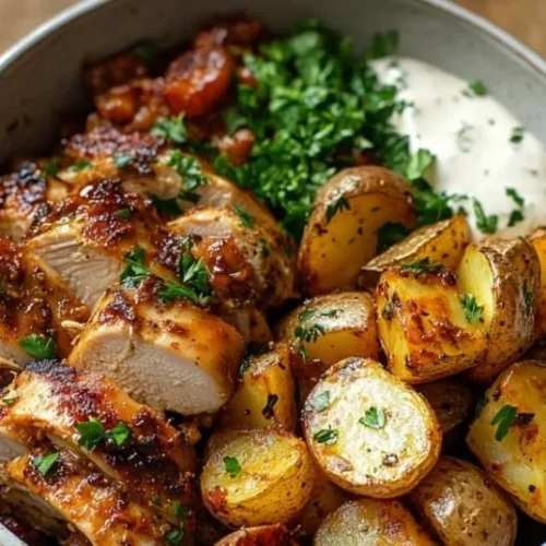 Delicious Skinny Chicken Bowl garnished with fresh vegetables and herbs