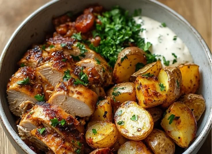 Delicious Skinny Chicken Bowl garnished with fresh vegetables and herbs