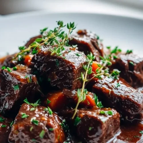 Delicious beef bourguignon served in a bowl with fresh herbs and vegetables.