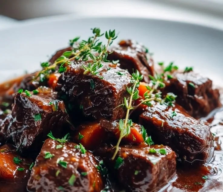 Delicious beef bourguignon served in a bowl with fresh herbs and vegetables.