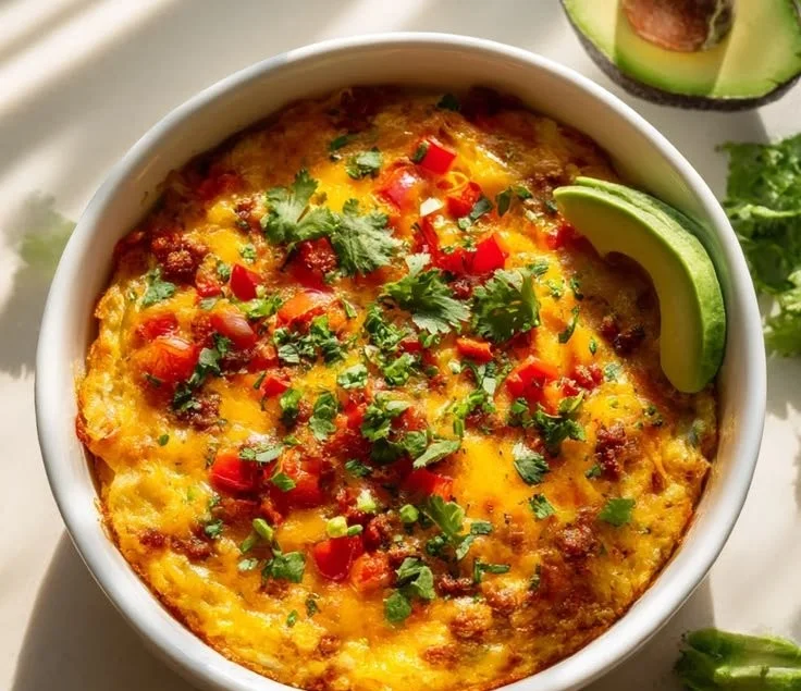 Delicious Southwest breakfast hashbrown casserole topped with cheese and vegetables