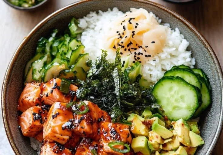Spicy Salmon Sushi Bowl with fresh vegetables and rice.