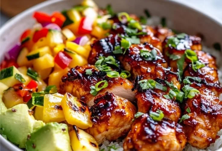 Delicious Sticky Hawaiian Chicken Bowl served in a vibrant dish with vegetables and rice.