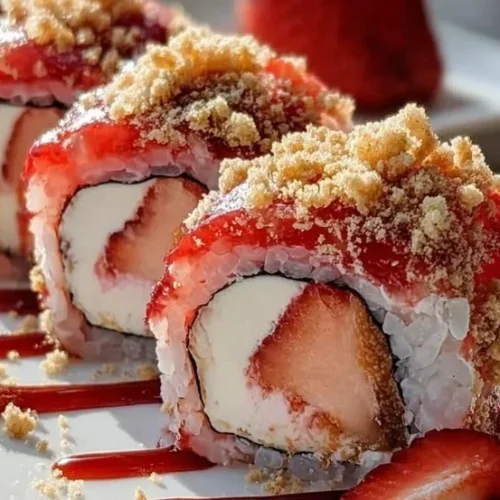 Strawberry shortcake sushi rolls beautifully plated with fresh strawberries