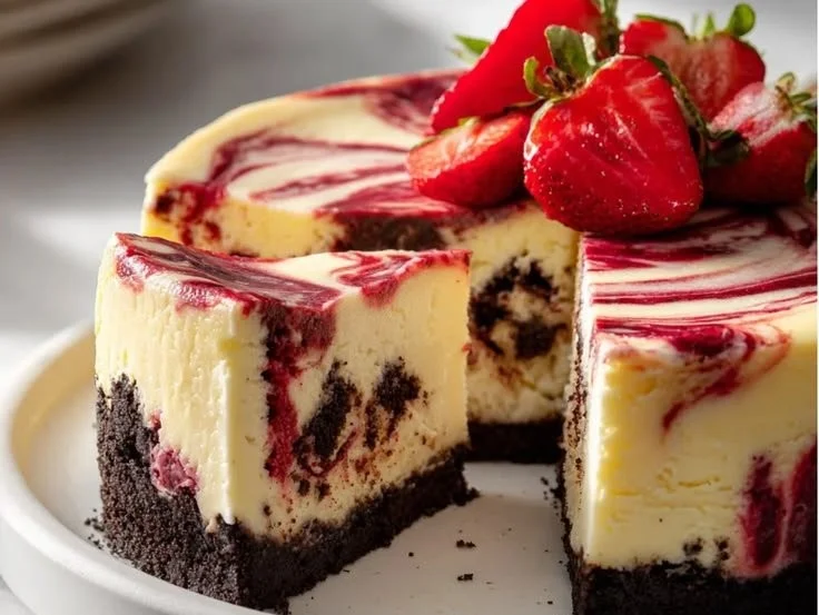 Delicious strawberry swirl cheesecake topped with fresh strawberries and a swirl pattern.