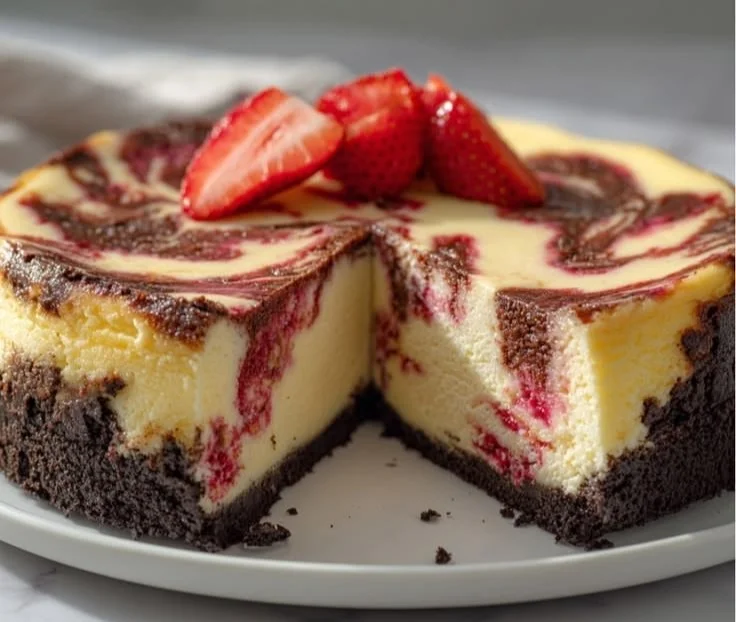 Delicious homemade strawberry swirl cheesecake with fresh strawberries