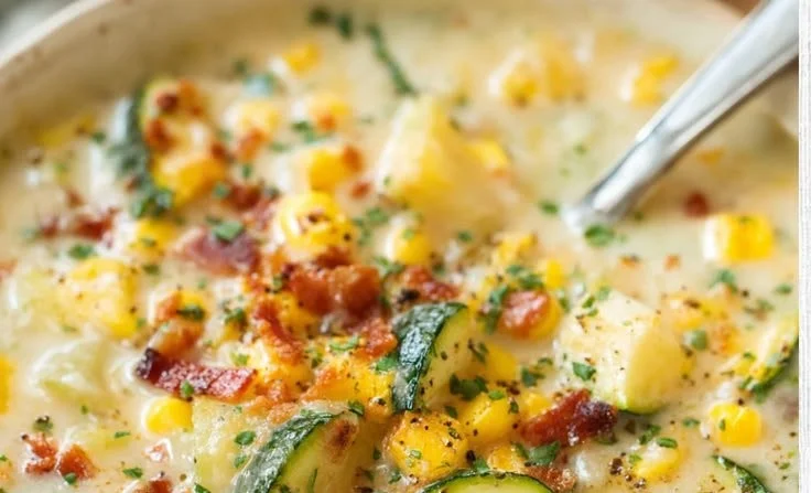 A bowl of Summer Corn and Zucchini Chowder garnished with fresh herbs.