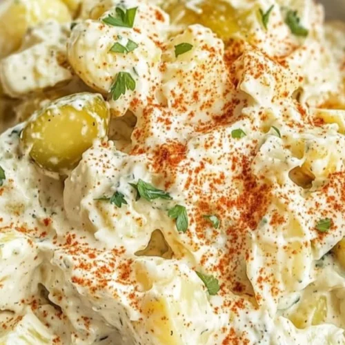 A delicious bowl of creamy vegan potato salad with fresh herbs and vegetables