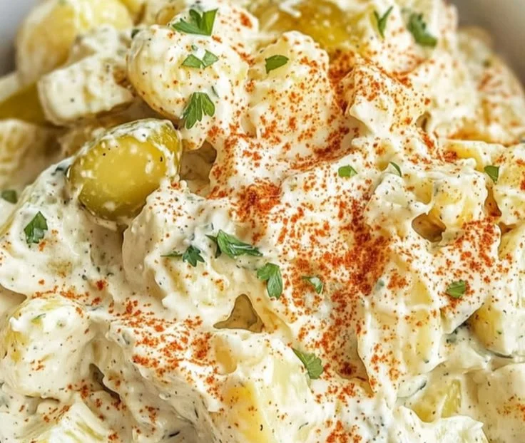 A delicious bowl of creamy vegan potato salad with fresh herbs and vegetables