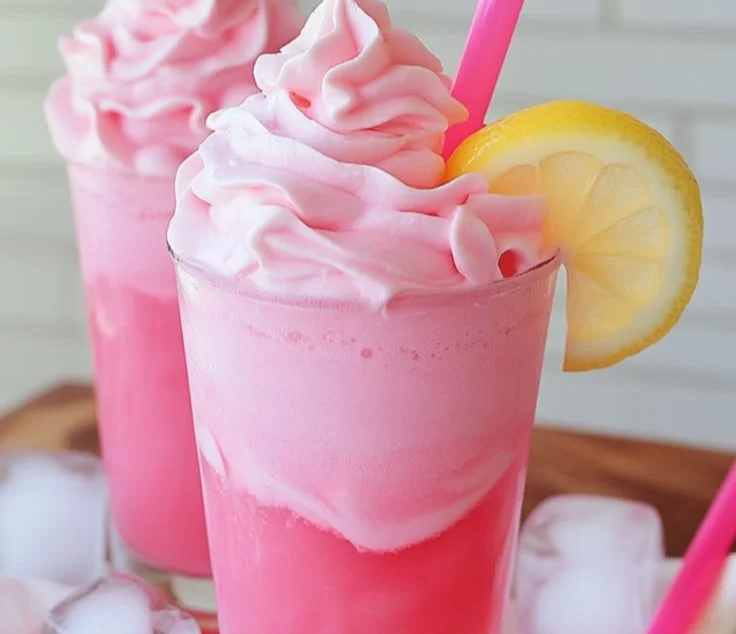 Refreshing whipped pink lemonade served in a glass with lemon slices.