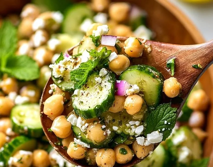 Fresh chickpea cucumber salad with vibrant vegetables in a bowl