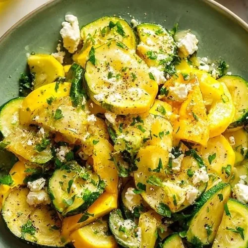 Delicious dish of yellow squash topped with feta cheese and herbs
