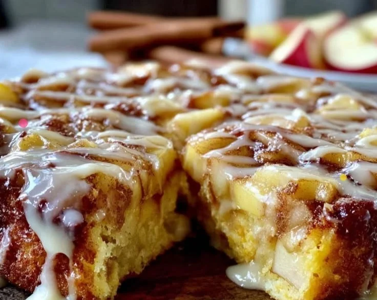 Delicious brown butter apple cinnamon skillet cake served warm in a skillet.