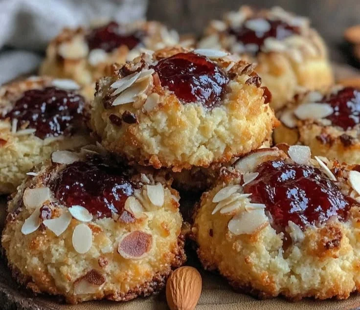 Brown Butter Raspberry Almond Thumbprint Cookies on a decorative plate
