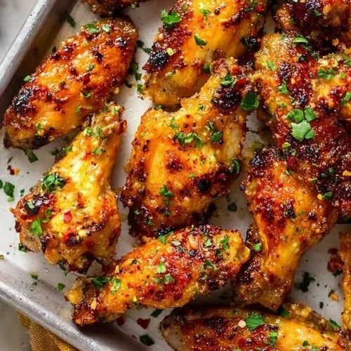 Buttery garlic parmesan chicken wings garnished with herbs