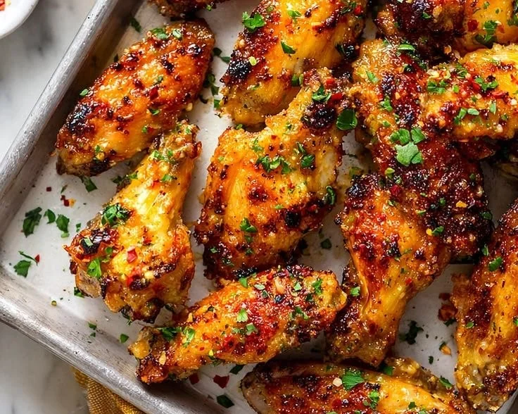 Buttery garlic parmesan chicken wings served on a platter
