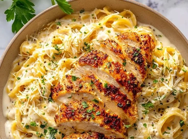 Delicious Chicken Alfredo topped with garlic Parmesan sauce
