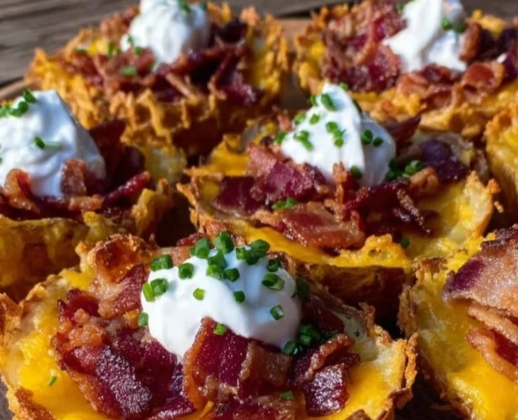 Delicious air fryer loaded potato skins with cheddar and bacon toppings