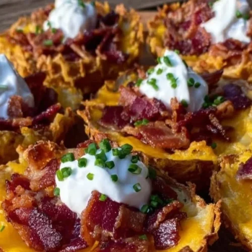 Air fried loaded potato skins topped with cheddar cheese and bacon