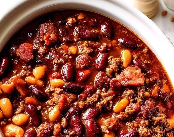 Delicious Cowboy Beans served in a crockpot, perfect for family meals.