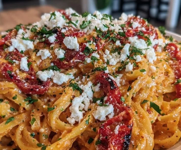 Plate of creamy roasted red pepper pasta garnished with goat cheese and herbs