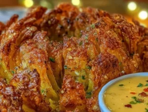 Crispy air fryer blooming onion served with spiced dipping sauce.