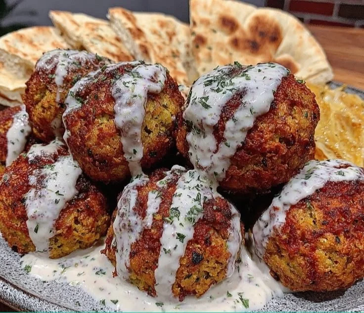 Crispy baked falafel served with herbed tahini on a plate