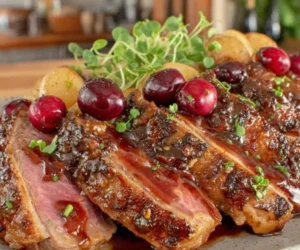 Crispy skillet-seared duck breast serving with cherry sauce on plate