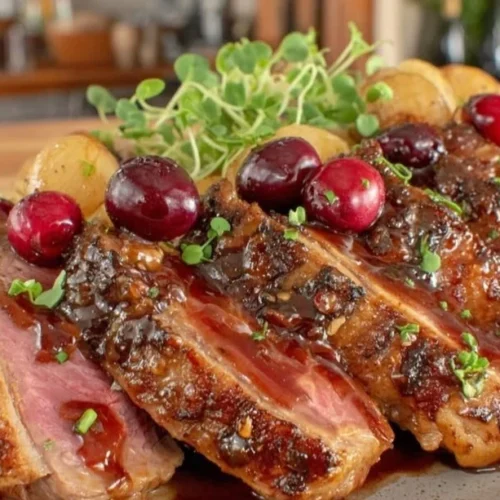 Crispy skillet-seared duck breast serving with cherry sauce on plate
