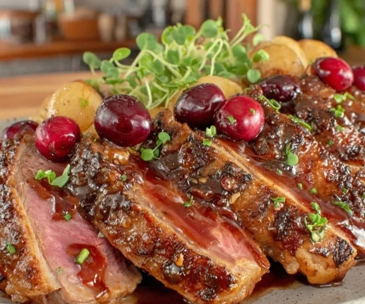 Crispy skillet-seared duck breast serving with cherry sauce on plate