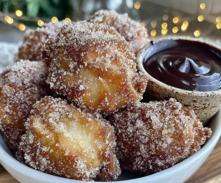 Crispy air fryer churro bites dusted with cinnamon sugar on a plate