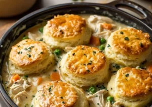 Homemade chicken pot pie topped with flaky biscuits, ready to serve.