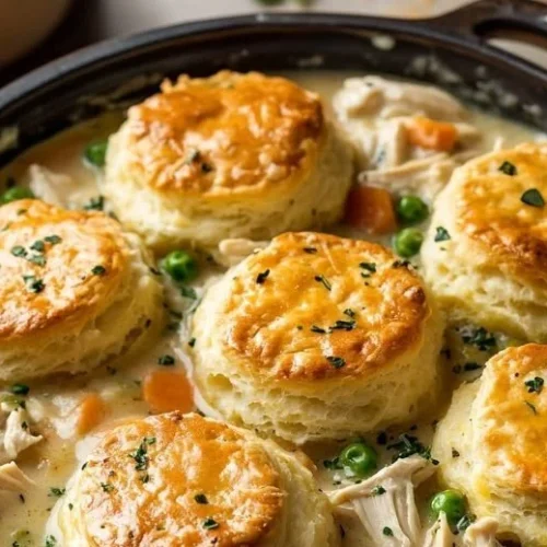 Homemade chicken pot pie topped with flaky biscuits, ready to serve.