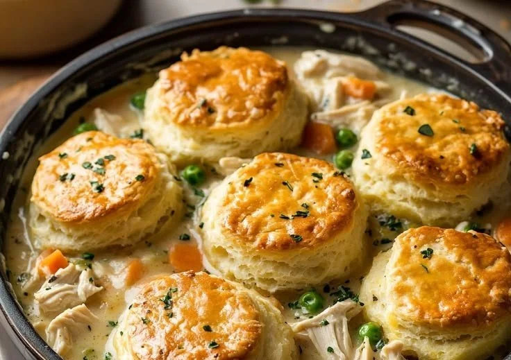 Homemade chicken pot pie topped with flaky biscuits, ready to serve.