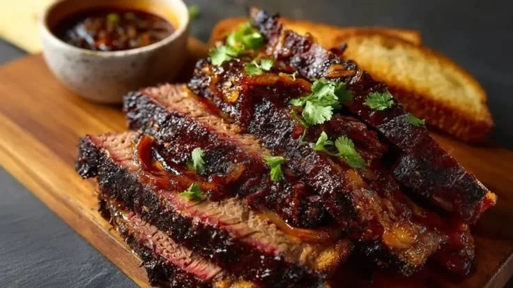 Delicious BBQ brisket melts served on a plate with toppings.