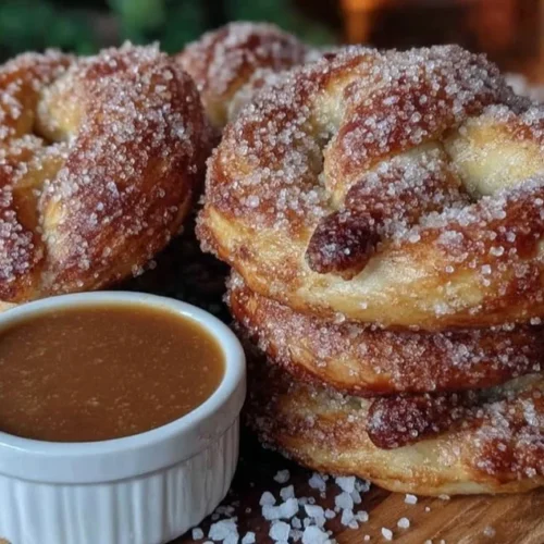 Easy cinnamon sugar soft pretzels with salted caramel dip on a plate