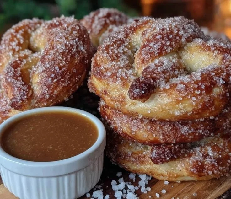 Easy cinnamon sugar soft pretzels with salted caramel dip on a plate
