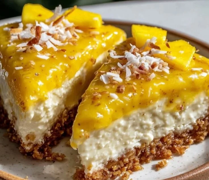 No-bake mango cheesecake with coconut crust showcased on a summer dessert table.