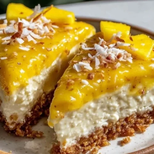Easy no-bake mango cheesecake with coconut crust for summer dessert