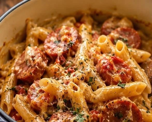 Bowl of easy one pot kielbasa pasta with vegetables and spices
