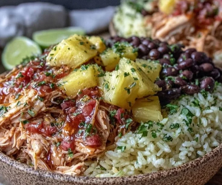 Easy slow cooker pineapple salsa chicken burrito bowls recipe