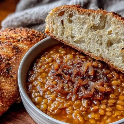 Easy vegan caramelized onion lentil soup in a bowl