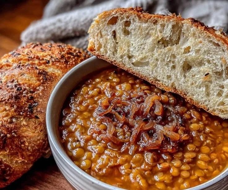 Bowl of easy vegan caramelized onion lentil soup garnished with herbs