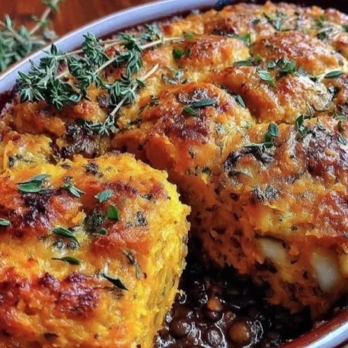 Delicious vegan shepherd's pie with lentils and sweet potatoes topped with creamy mash